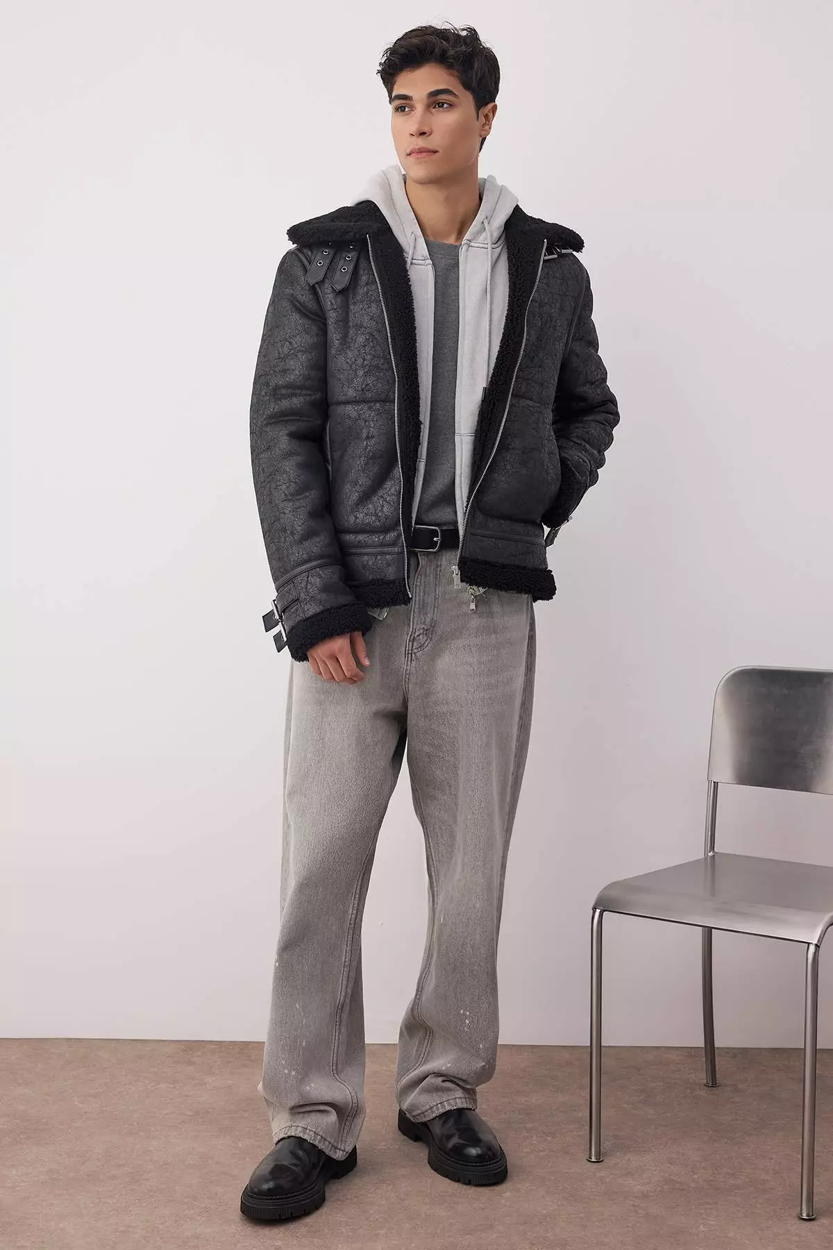 Men'S Black Regular Fit Winter Coat With Fur Lining Tmnaw25Mo00013