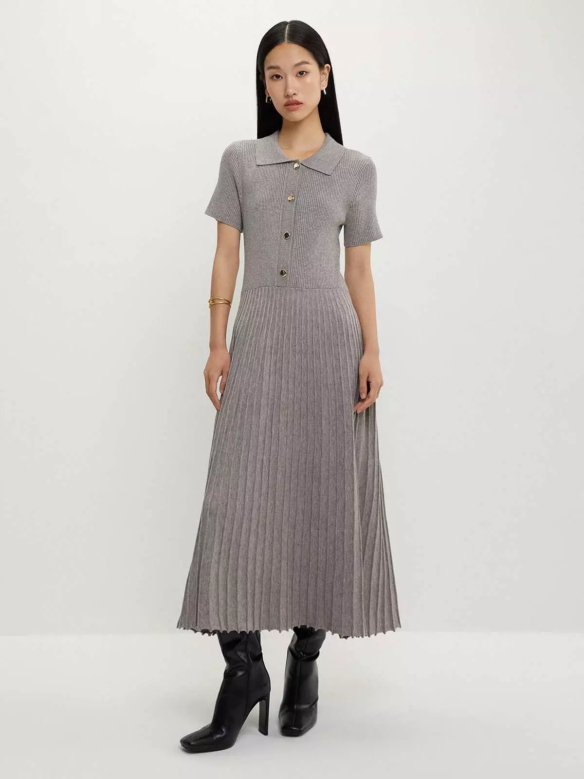 Buttoned Pleat Knit Dress - Mid Grey