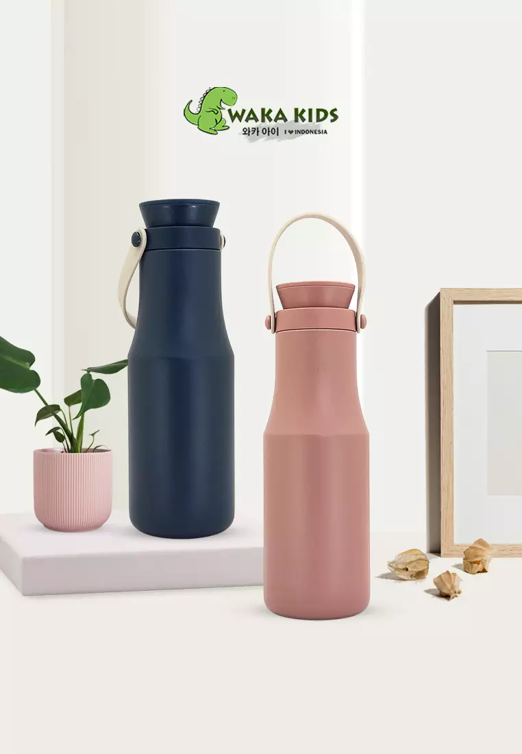 Wakakids Botol Minum Termos Stainless Steel Vacuum Cup Tumbler dengan Pegangan Silikon 500ml K2366 Venrc Pink