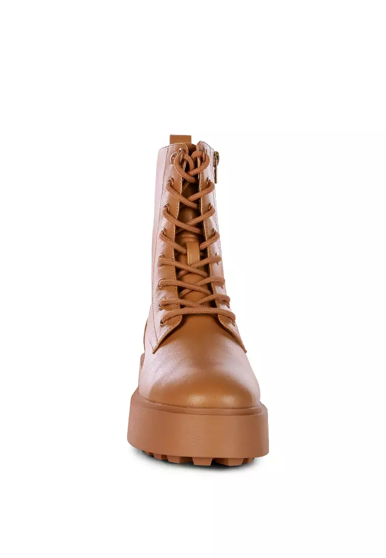 Brown Faux Leather Ankle Biker Boots