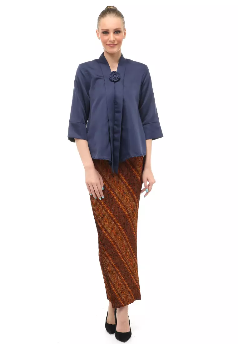 Elvia Kebaya Atasan Wanita Lengan Panjang Design Casual - Navy