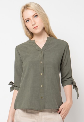 Button Neck Blouse With Sleeve Bow
