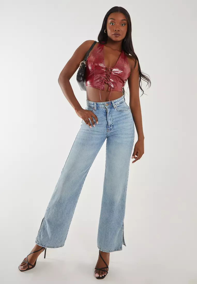 Pink Vanilla Wine Faux Snake Pu Lace Up Corset Top