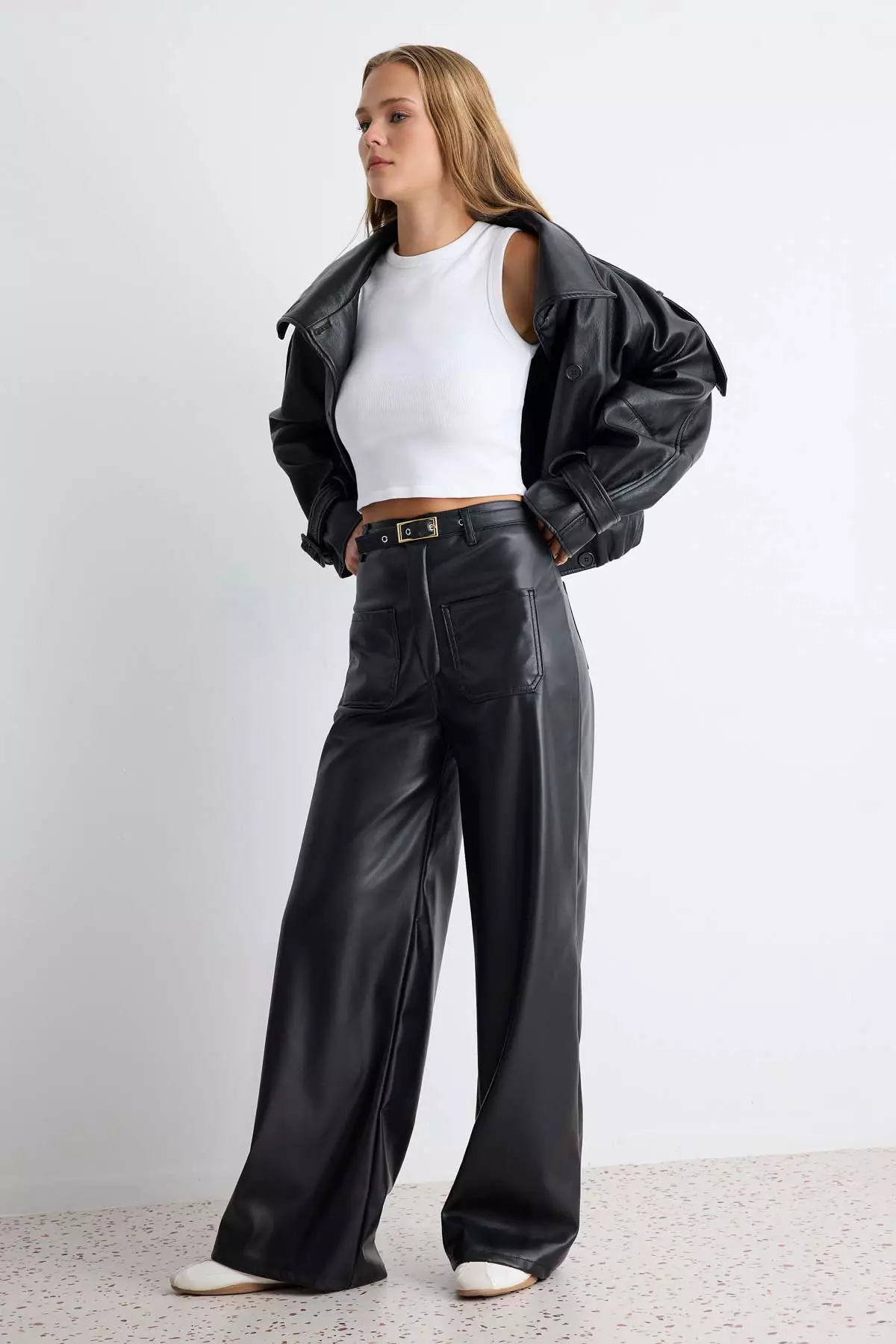 Black Plain Wide Leg Faux Leather Knitted Trousers With Pocket Detail