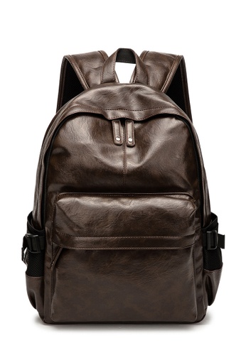 Lara brown Men's Minimalist Soft PU Leather Zipper Backpack - Brown 6DBAFAC2926EB0GS_1