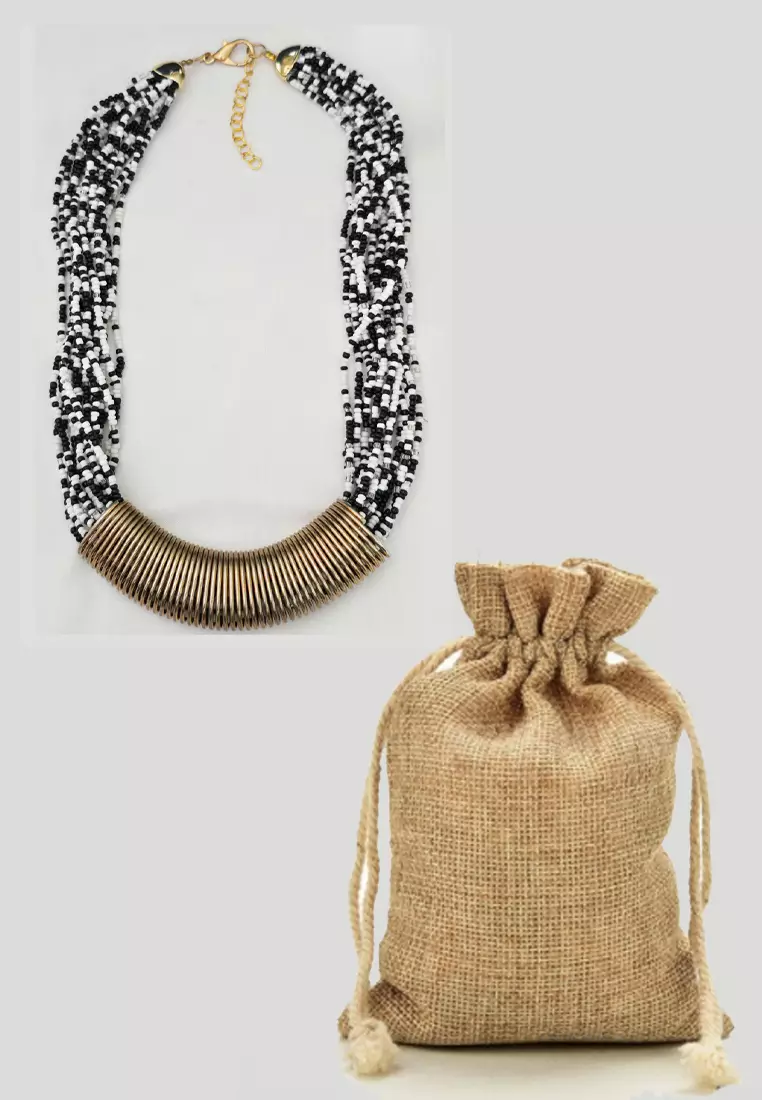 Aksesoris Wanita Beads Multilayer Spiral Necklace Kalung Manik Manik Wanita Black, White & Gold