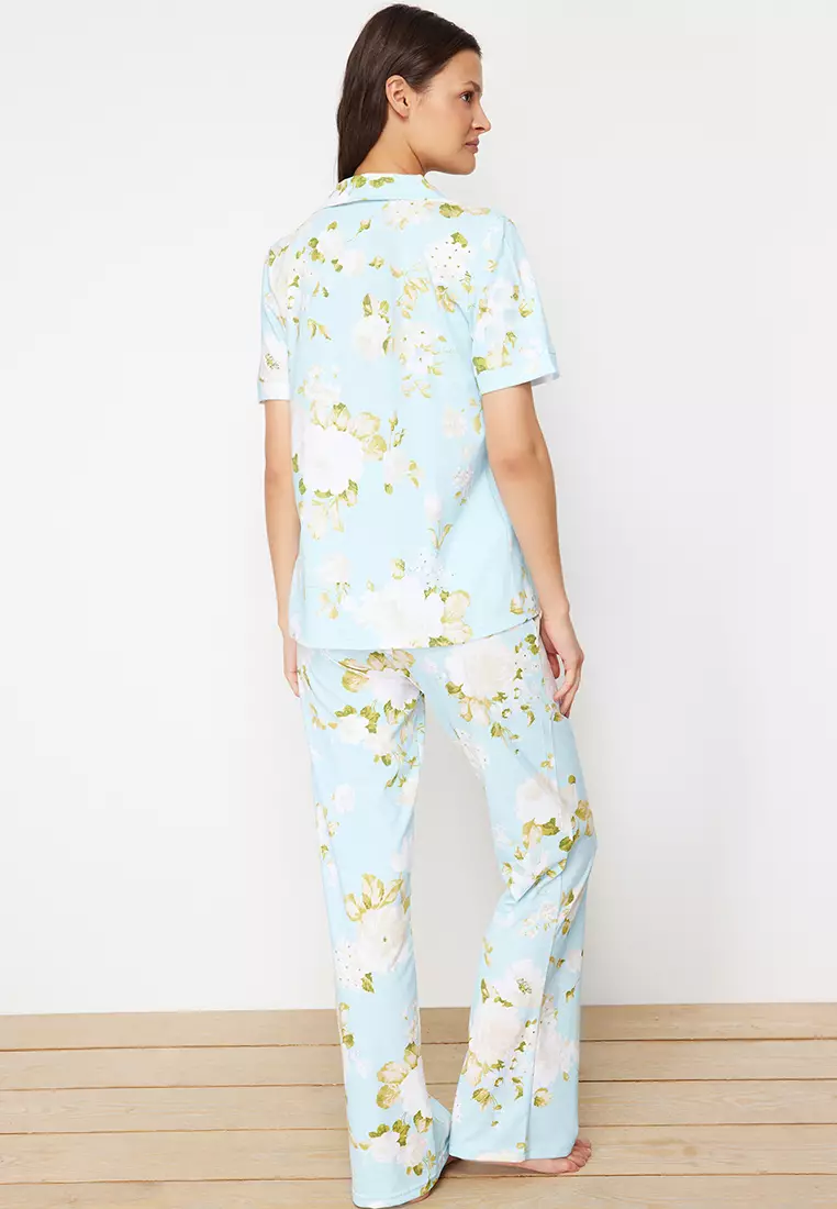 Blue 100% Cotton Floral Patterned Knitted Pajama Set
