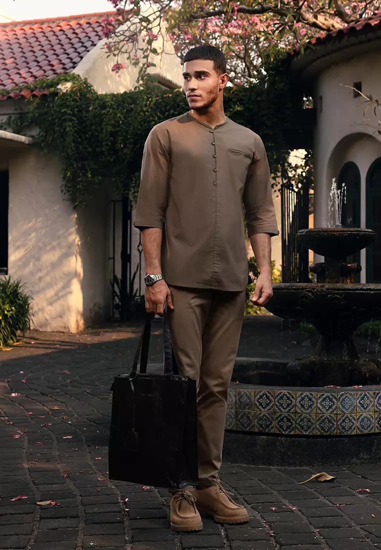 OXCON kemeja Vneck Henley Collarless shirt Olive Green