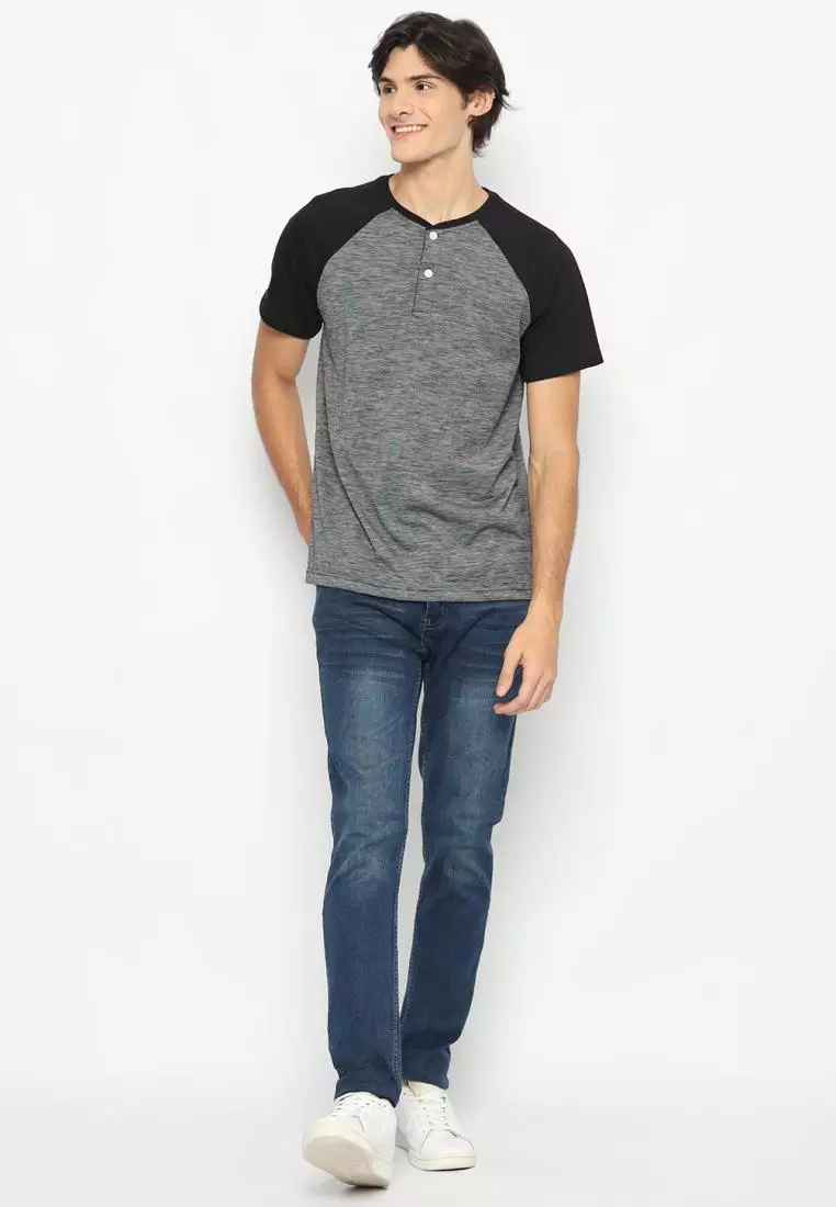 MATSUDA Kaos Pria T Shirt Henley Texture Slub Kawagoe