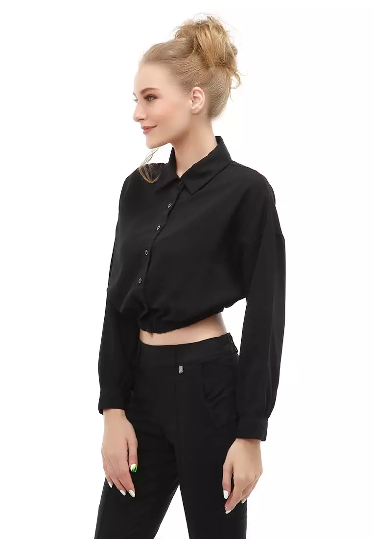 Holly Atasan Kasual Wanita Kemeja Lengan Panjang Shirt Long Sleeve Variasi Karet Pinggang Material Woven ORIGINAL - Black