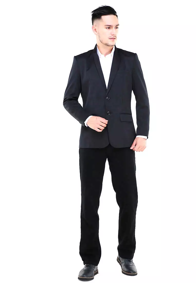 Woreq Jas Blazer Pria Premium Plain Formal Longsleeve Suit Material Polyester ORIGINAL - Black