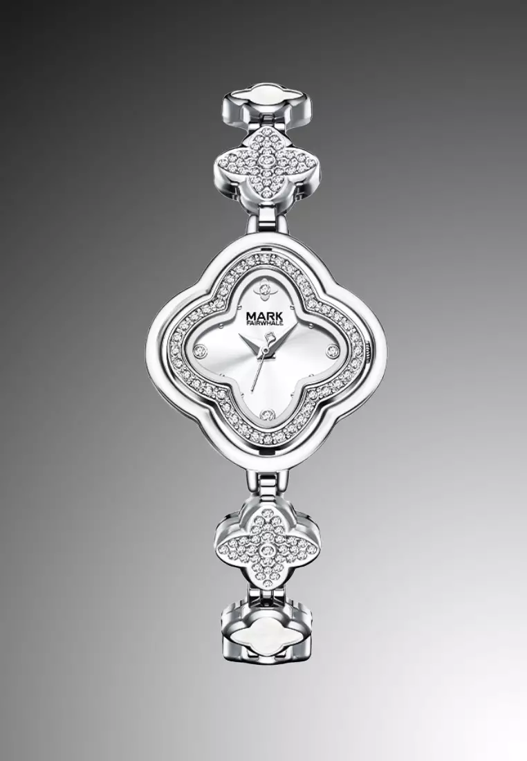 女士幸運四葉草不鏽鋼石英腕錶，鑲有水晶，金屬錶帶