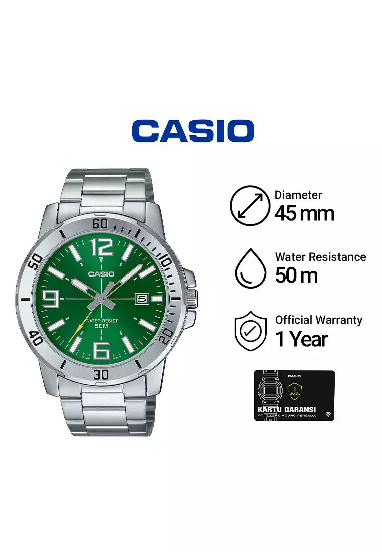Casio Standard Series - Jam Tangan Analog Pria - Green Dial Silver Stainless Steel - MTP-VD01D-3BV