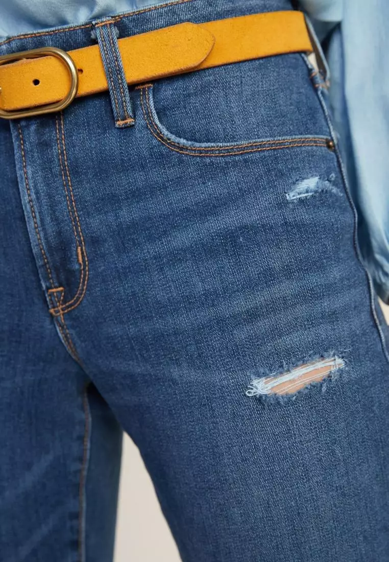 Mid Rise Distressed Power Slim Straight Jeans