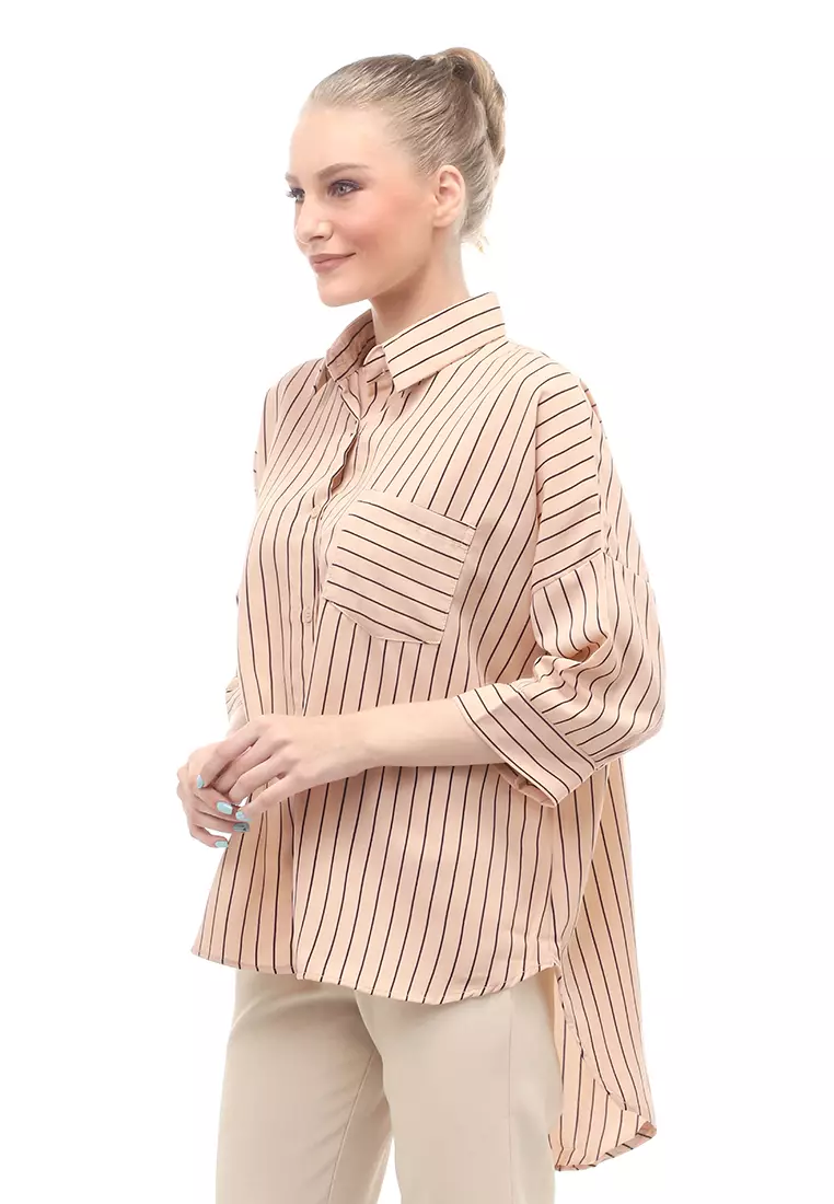 Shirt Salur Lengan Panjang Atasan Wanita Casual Front Button Opening - Coklat