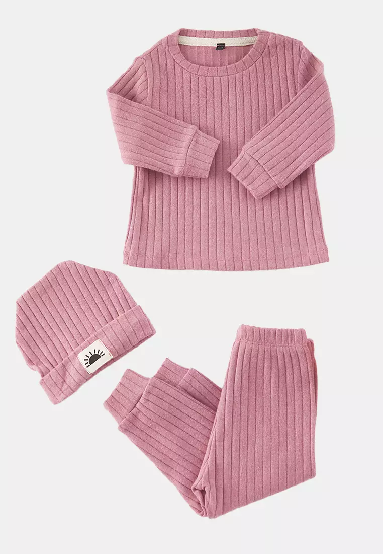 Dusty Rose 3-Piece Ribbed Set For Baby Girl - Tkdaw25Au00176