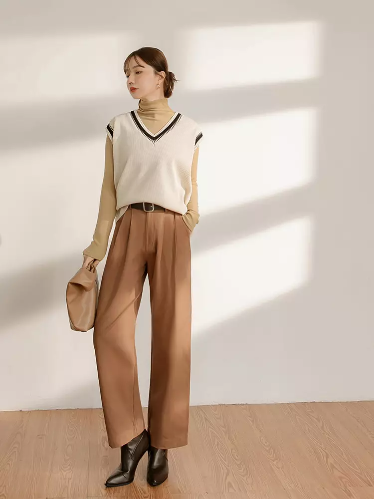 Cotton Waist-Defining Pleated Slim Straight Pants [BA7454]