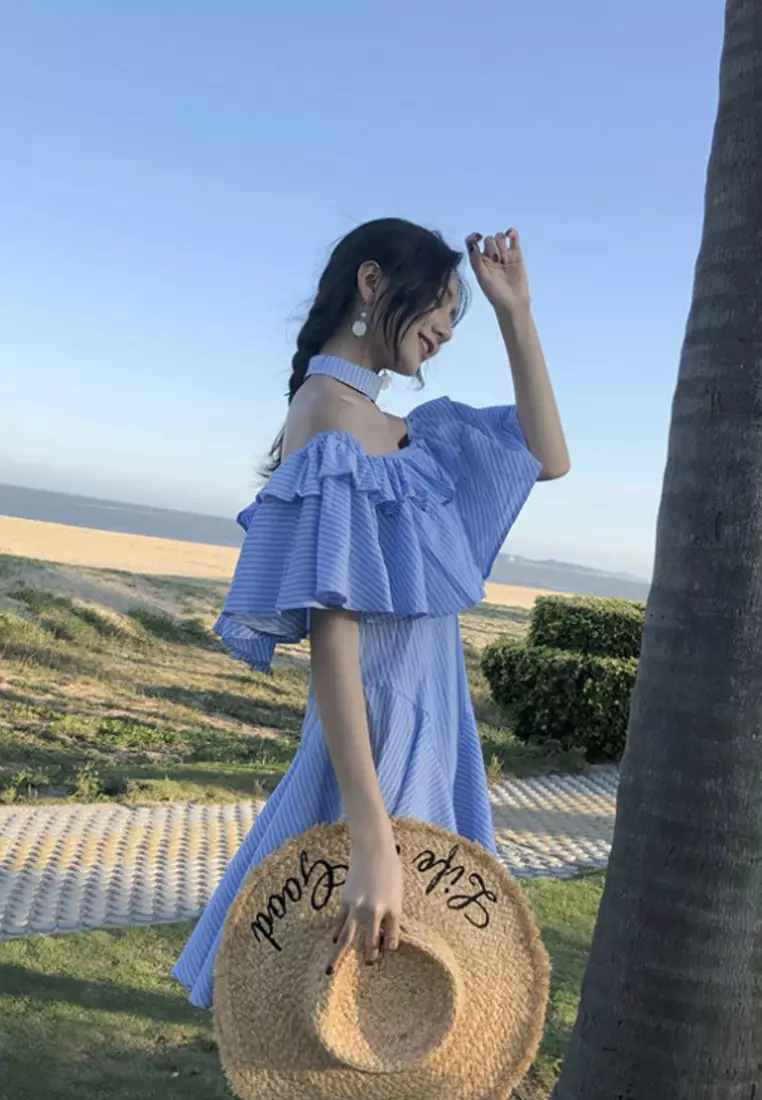 New Blue Striped Pattern Off Shoulder One Piece Dress CA062905BL.