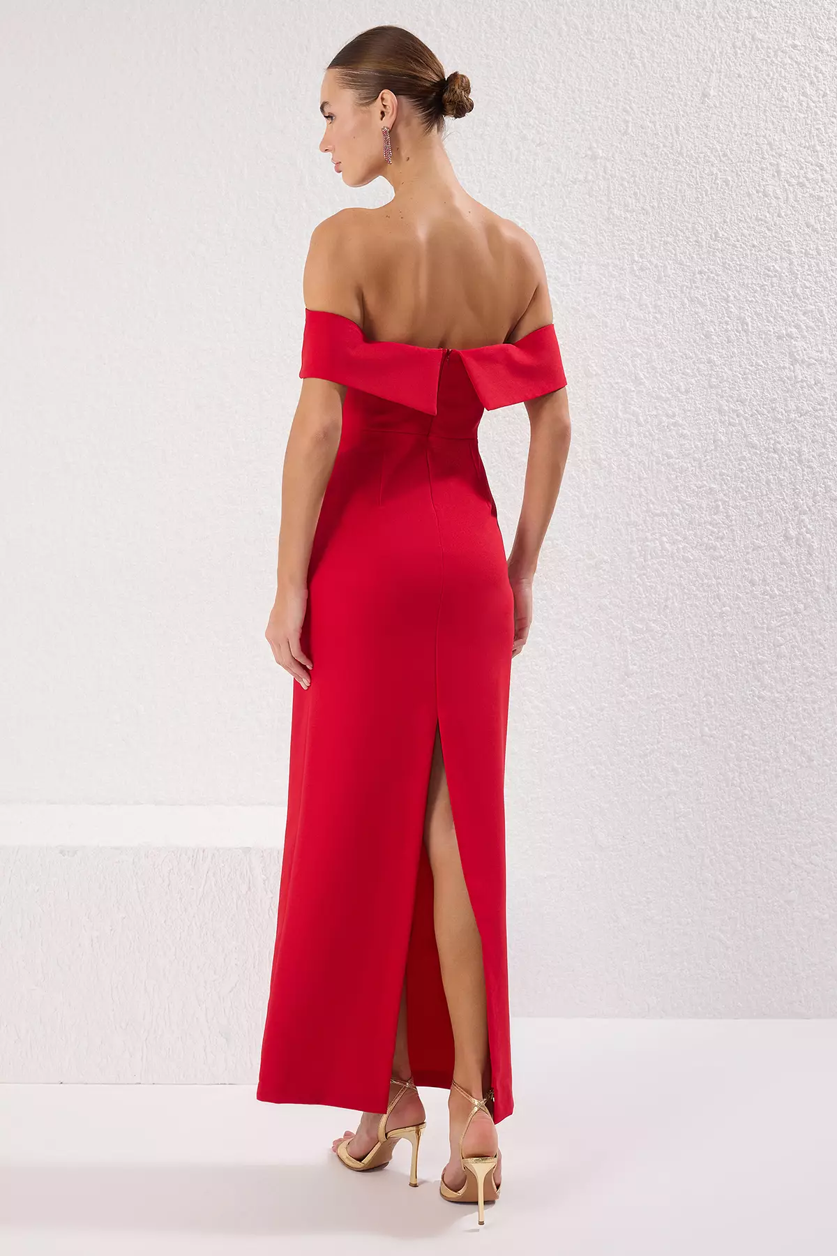 Red Carmen Collar Bowknot Woven Long Elegant