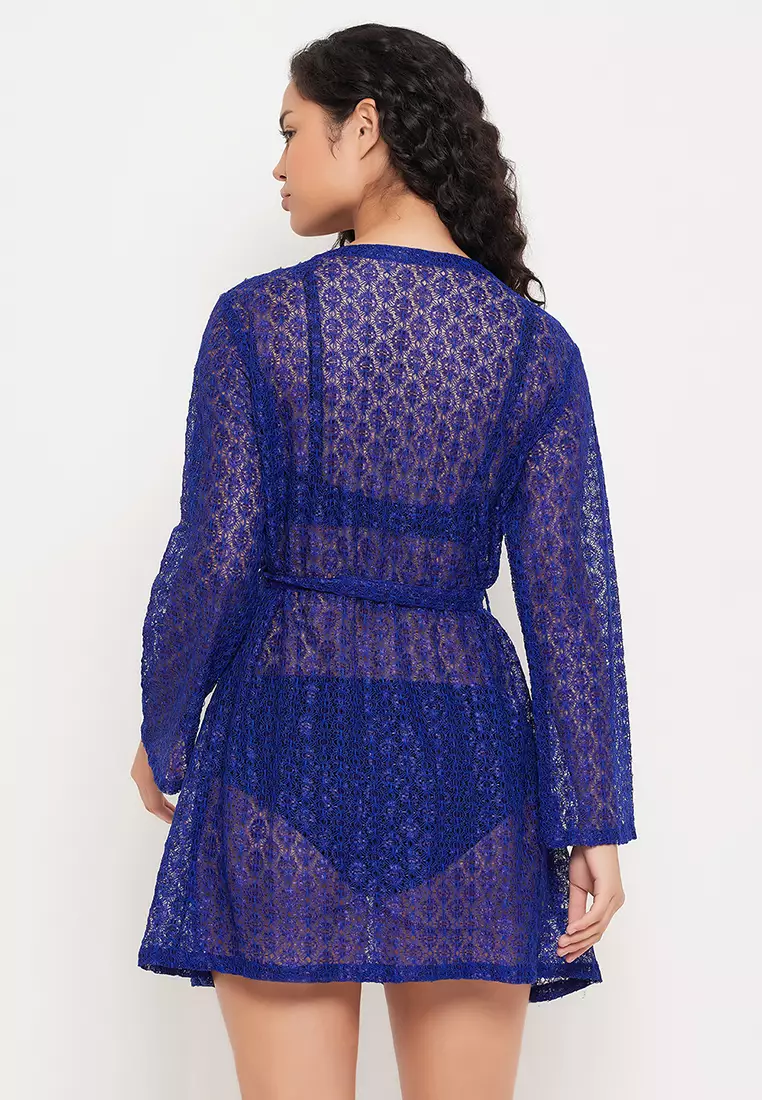 Clovia Chic Basic Sheer Robe in Royal Blue - Lace