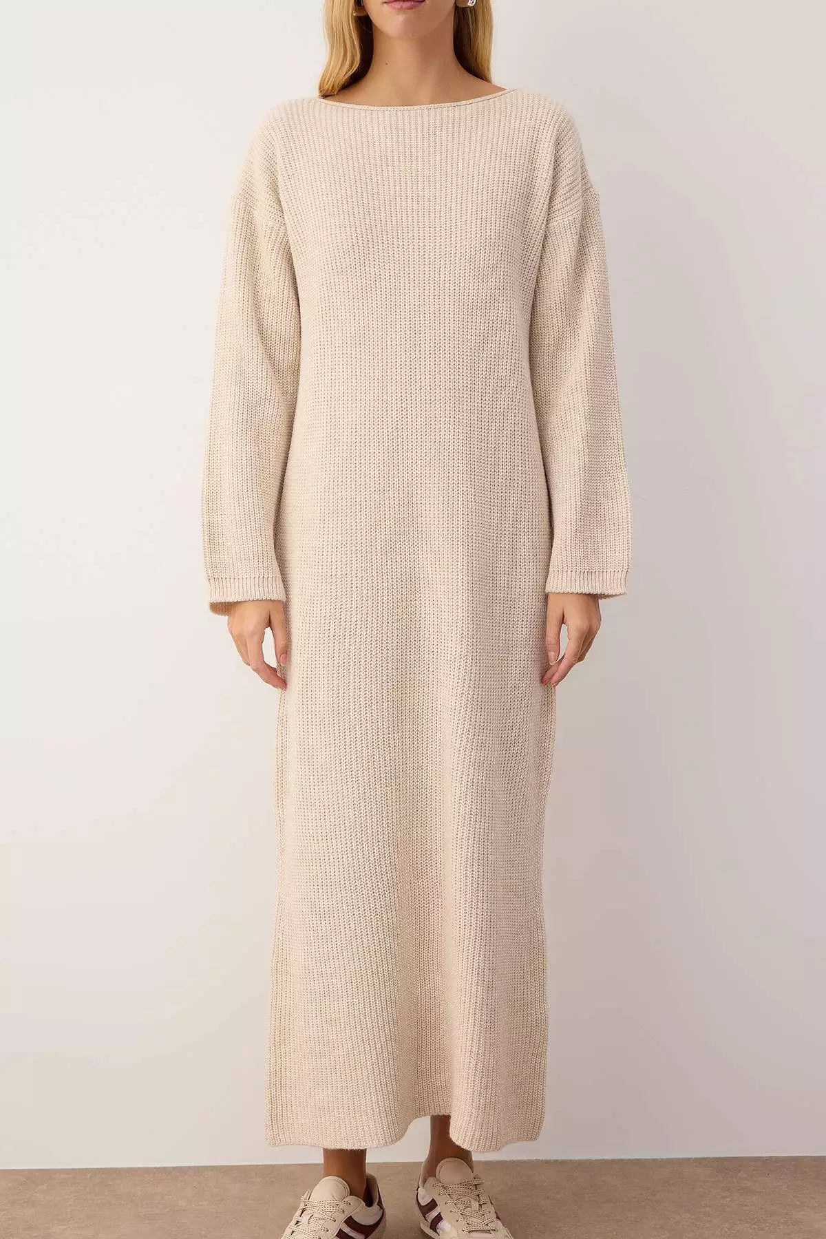 Stone Plain Maxi Basic Oversize Boat Neck Knitwear Long Dress