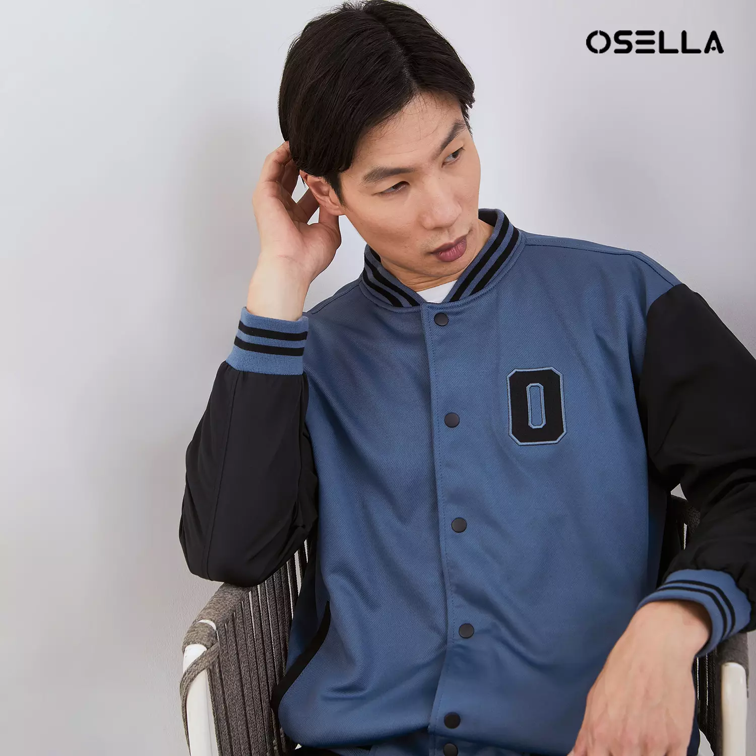 [NEW] Osella Jin Varsity Jacket In Smoke Blue And Black Combination 1061400760 | Jaket Lengan Panjang Pria