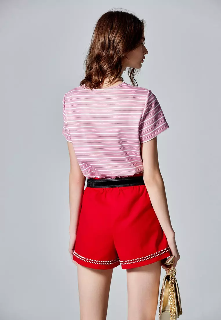 Stripe Print Short Sleeve Pink Top