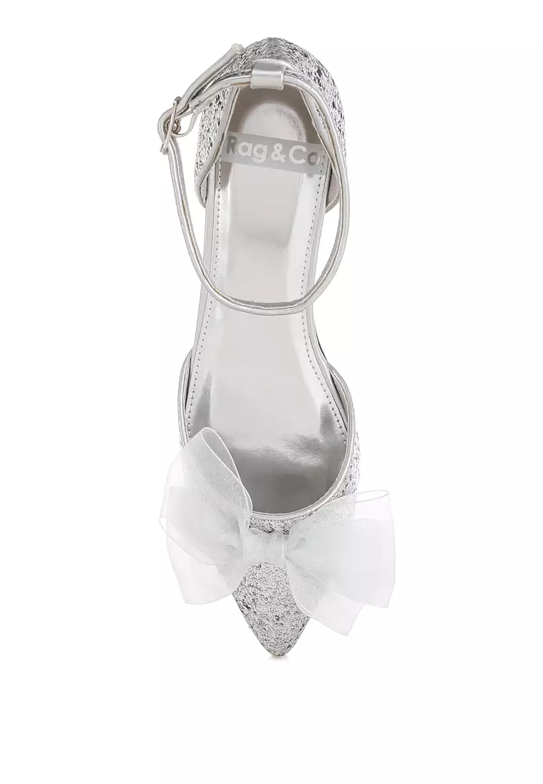Sheer Bow Detail Glitter Flat Sandals in Silver