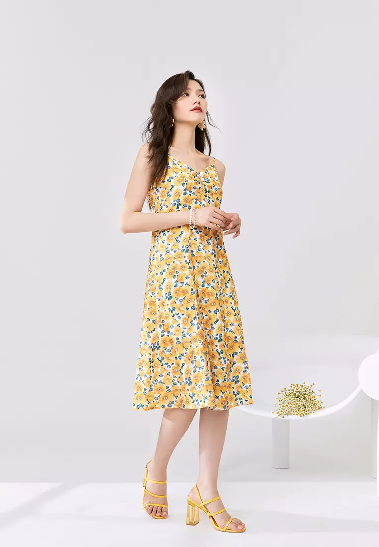 Linen-Blend Cami Midi Dress in Tropicale Floral