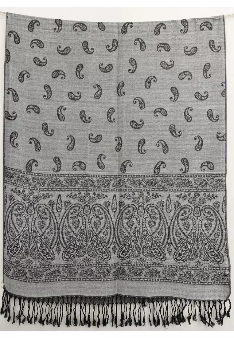 Aksesoris Wanita Reversible Viscose Paisley Pattern Pashmina Shawl Syal Wanita Pebble Grey& Black