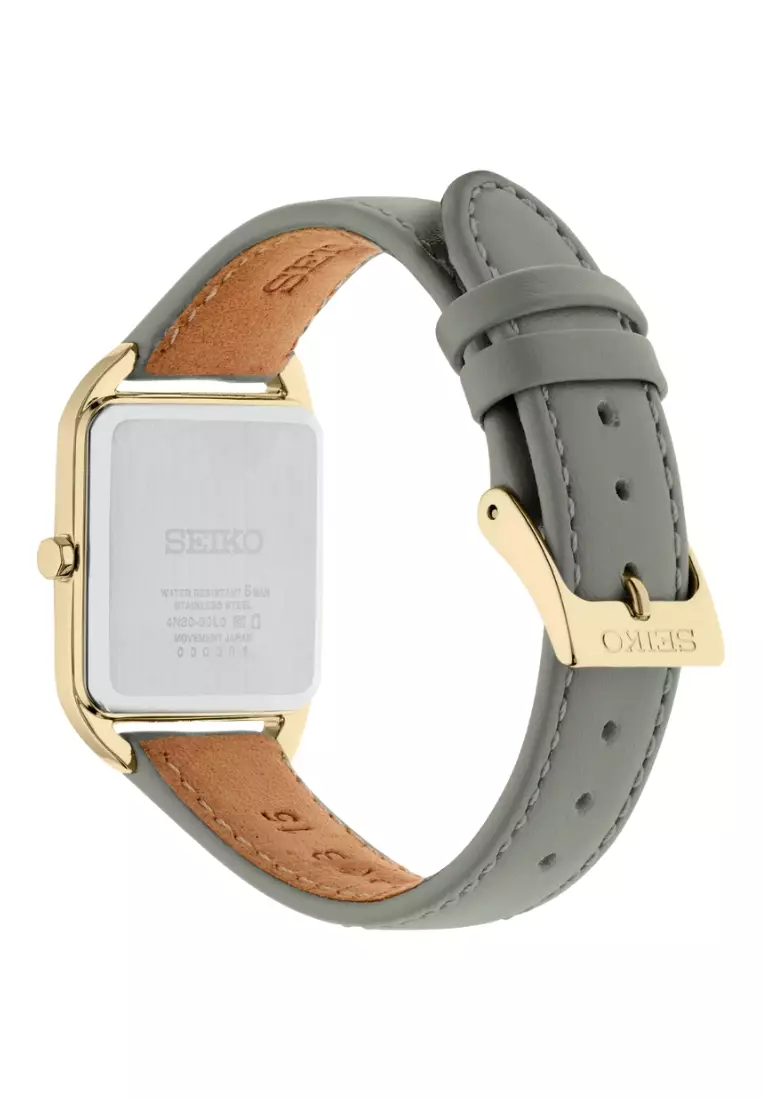 Seiko Lady Essentials Collection Square Case Champagne Dial Gray Leather Band Quartz Watch SWR090P1