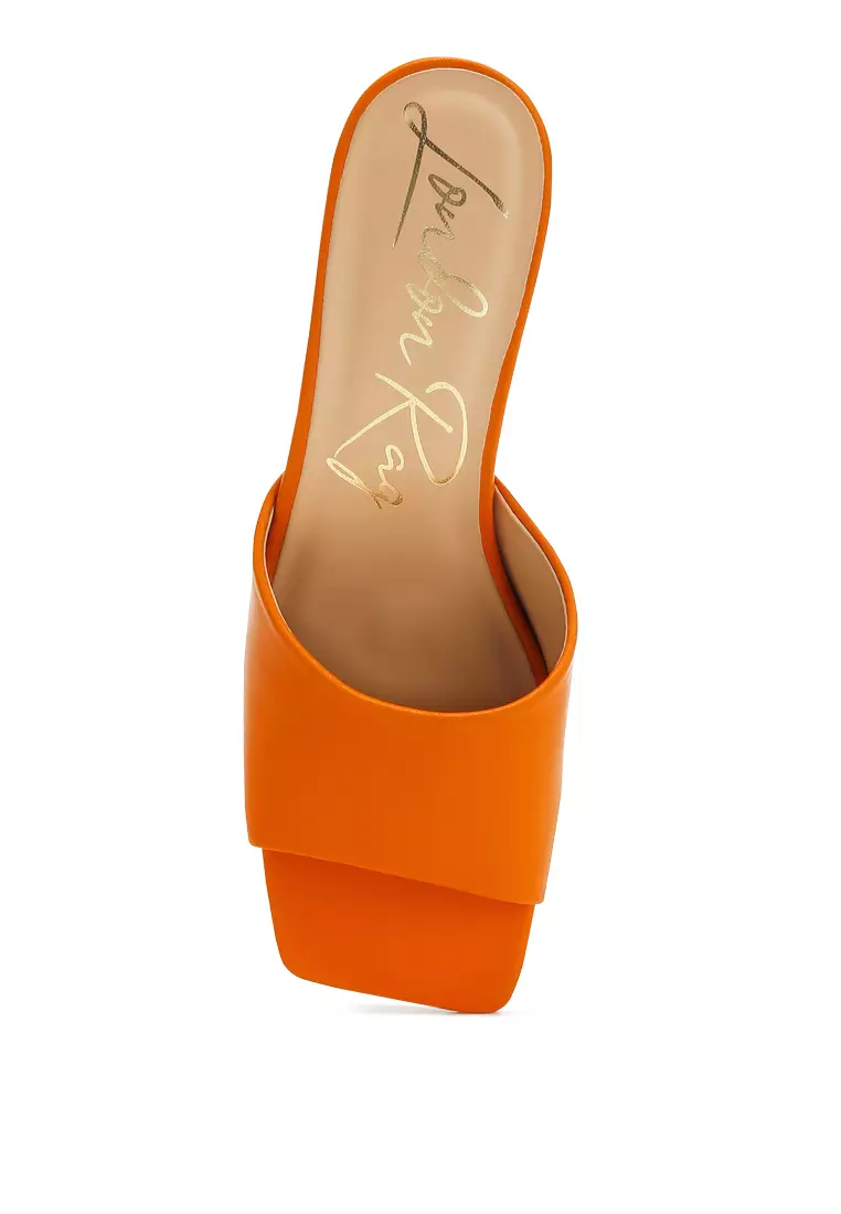 Faux Leather Block Heel Sandals in Orange