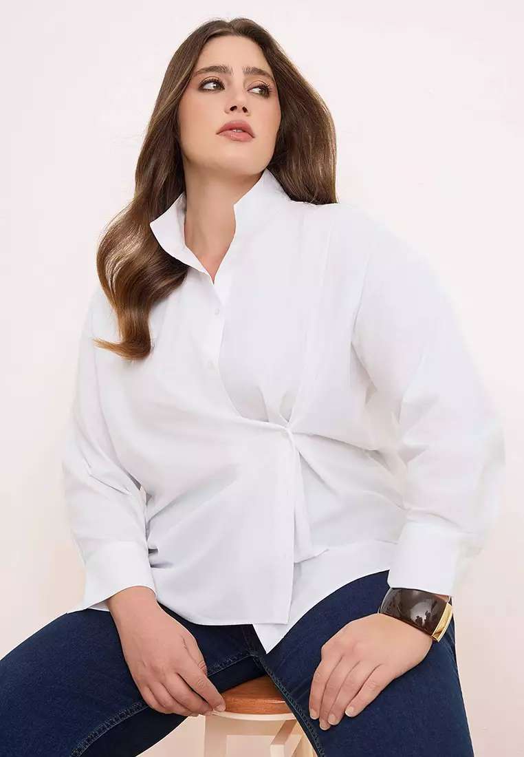 Trendyol Studio White Adjustable Oversized Asymmetric Cotton Poplin Shirt Tbbss26Ax00010
