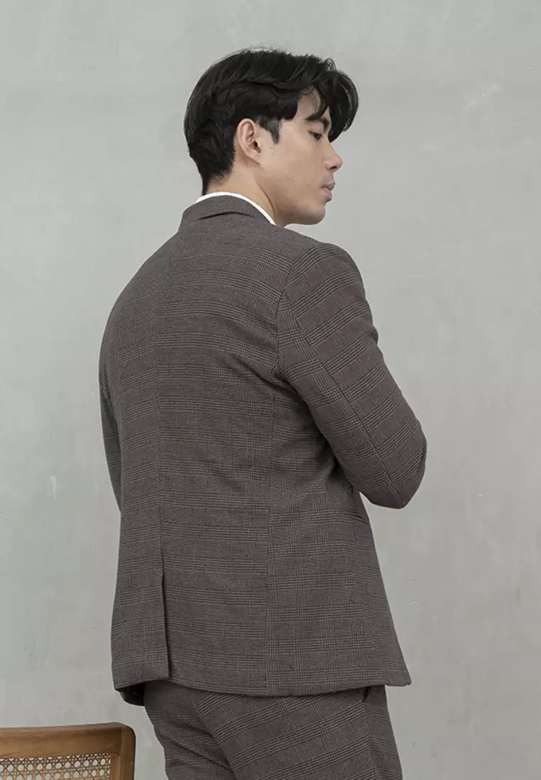 Houseofcuff Jas Celana Vest Rompi Blazer Coklat Slim Fit Motif Kotak