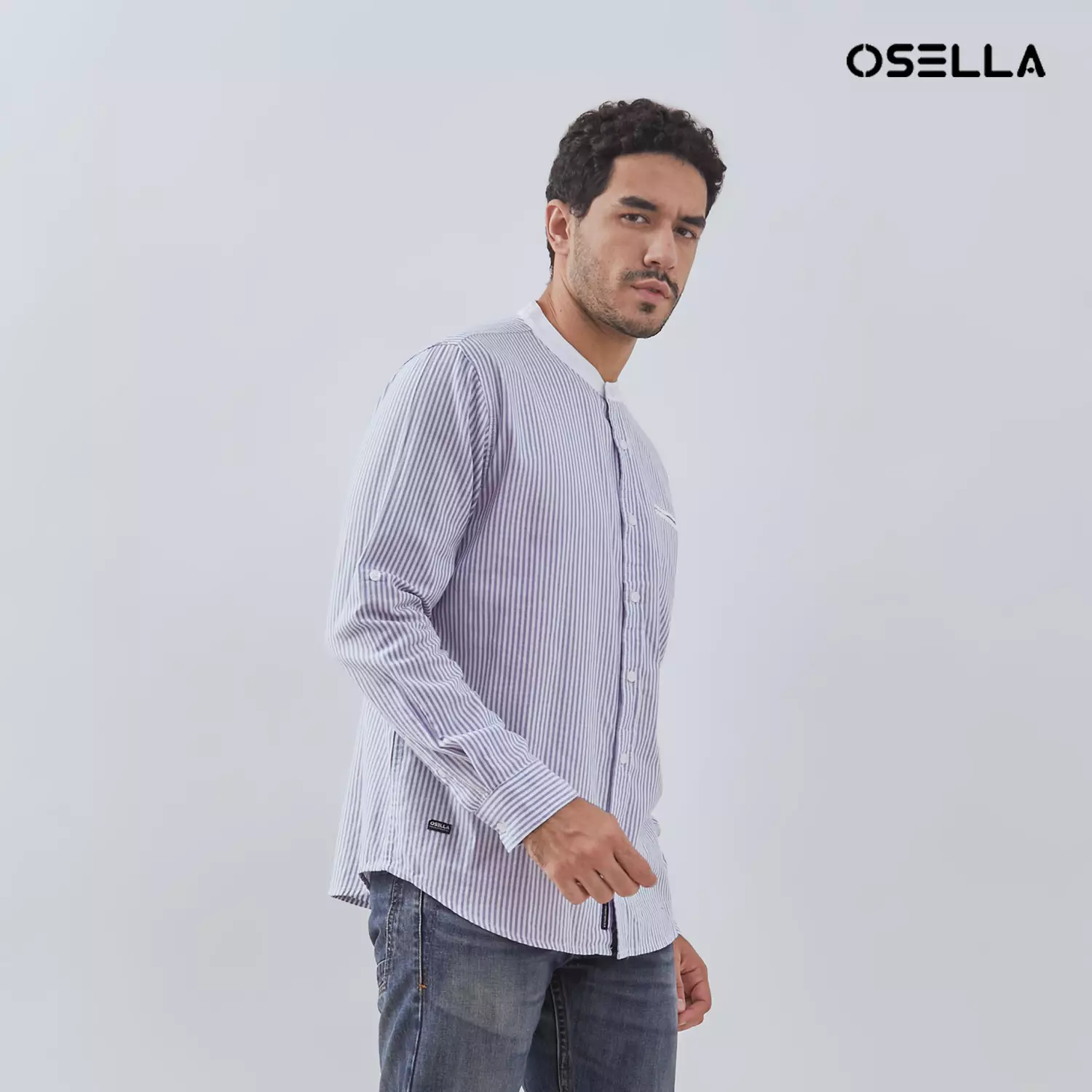 [NEW] Osella Long Sleeve Small Striped Pattern With Shanghai Collared Shirt In Blue And White 2037501760 | Kemeja Pria Lengan Panjang