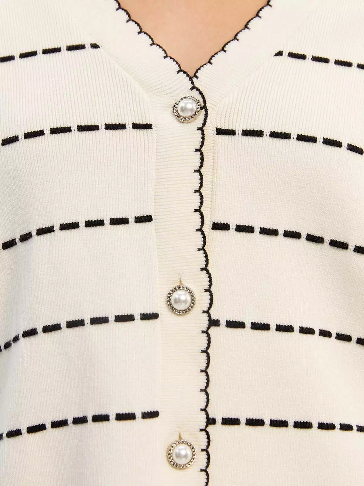 Contrast Stitched Stripe Cardigan - Cream