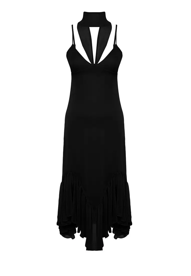 V-Neck Ruffle Midi Dress With Scarf Set