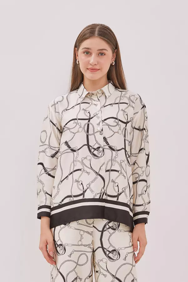 MINIMAL - Chaineste - Chain Print Satin Shirt  - Beige Colour Beige