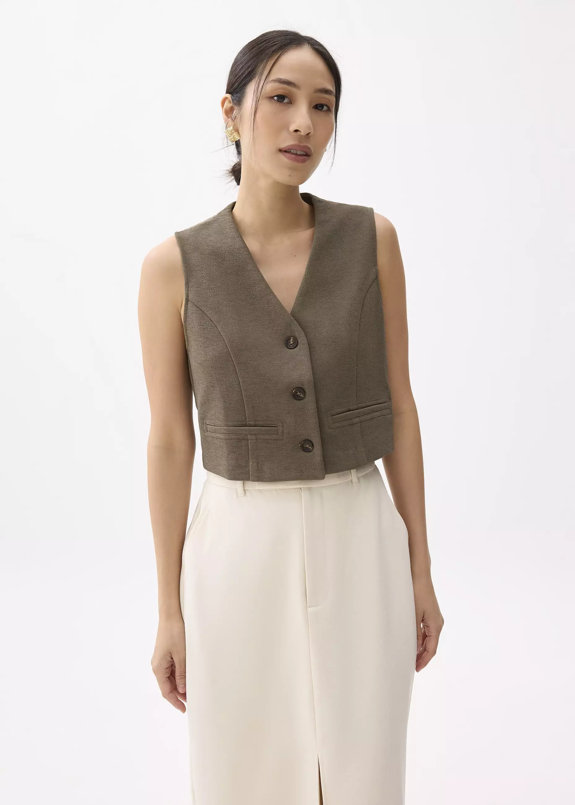 Vest Wanita - Cropped V-neck Button Down Vest