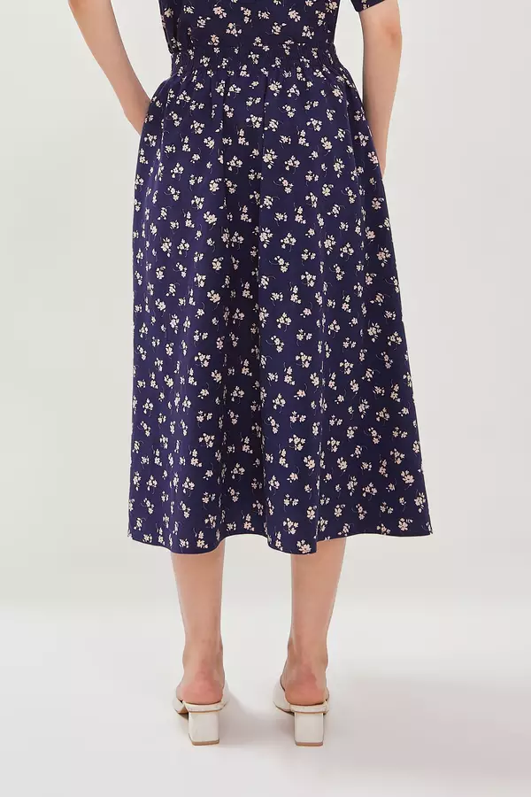 Minimal - Olivia - Rok Midi Motif Bunga - Blue Warna Blue