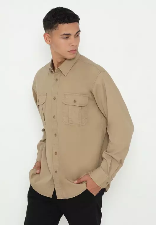 POLICE Kemeja Polos Cotton Kantong Dua Regular Fit Lengan Panjang Pria