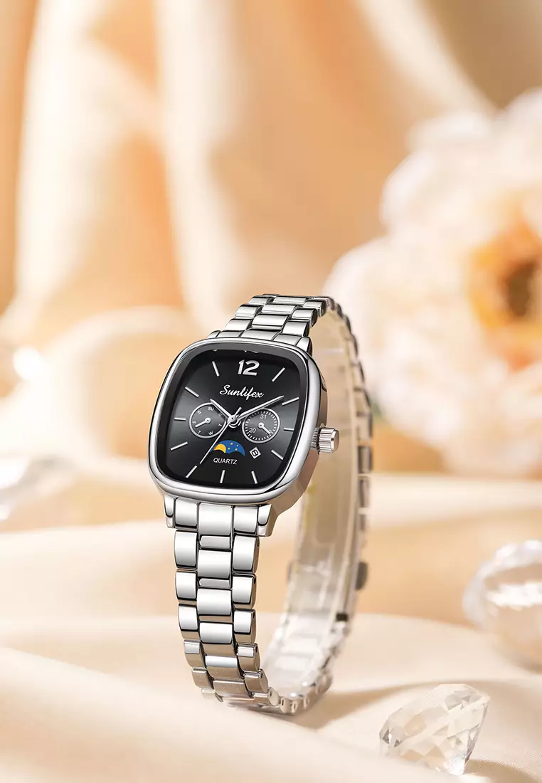 Jam Tangan Wanita Original Kalender Kasual Korean Style Tali Paduan Jam Tangan Cewek B006 silverblack