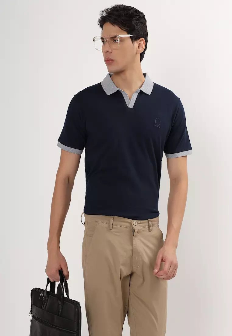 男士短袖撞色蓝灰领棉质无扣 Polo 衫/T 恤，V 领，运动休闲，常规版型