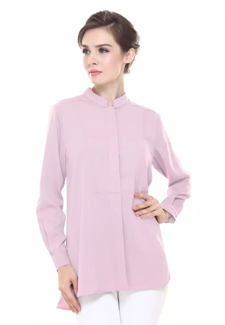 THREE - Pink Shirt Poplin Plain Collared Wide Sleeve Long Tunic With Pant  For Women