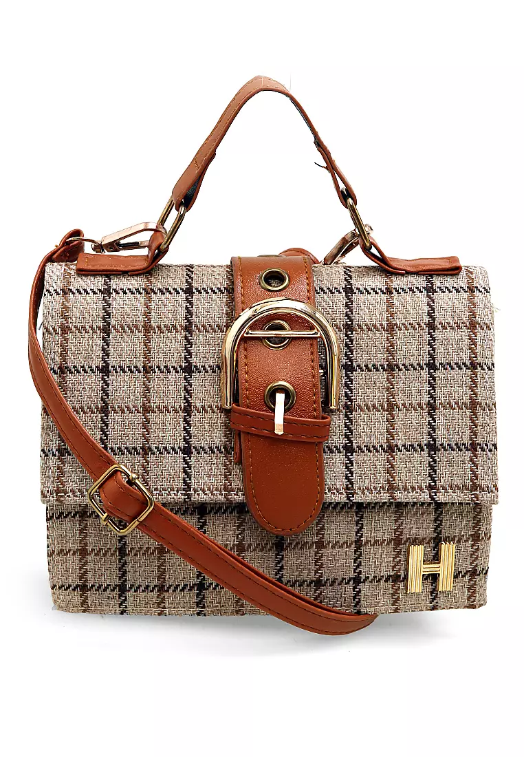 Werlyn Tas Selempang Wanita Tartan Casual Large Storage Material Canvas ORIGINAL - Cream