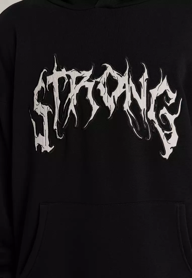 Black Oversize/Wide Cut Fleece Hooded Sweatshirt With Text Embroidery