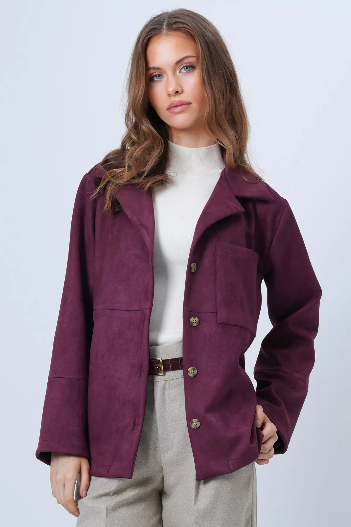 Mürdüm Single Pocket Faux Suede Jacket With Stitching Detail Alc-X14404