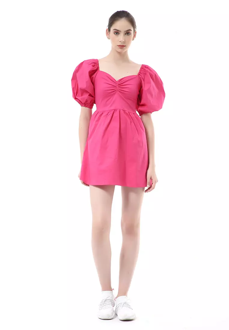 Rachel Dress Wanita Ballerina Pluffy Baloon Sleeve Simple Elegant Material Cotton ORIGINAL - Shocking Pink