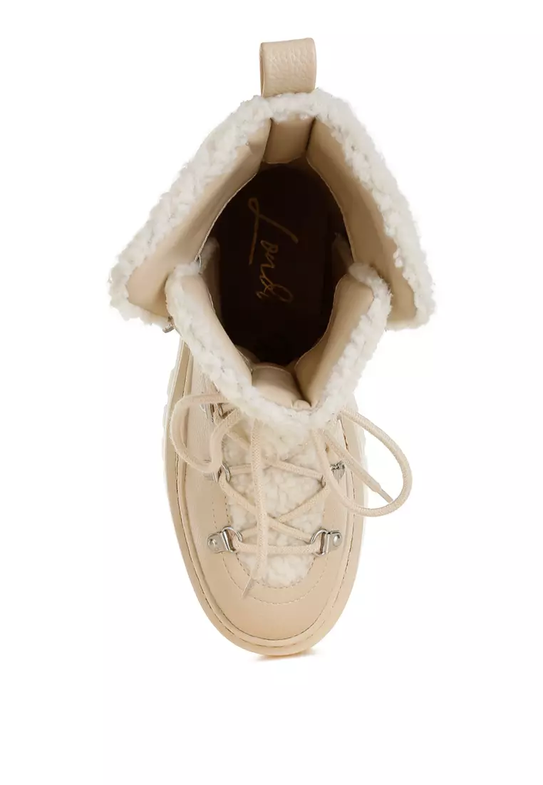 Fleece & Faux Leather Boots in Off White