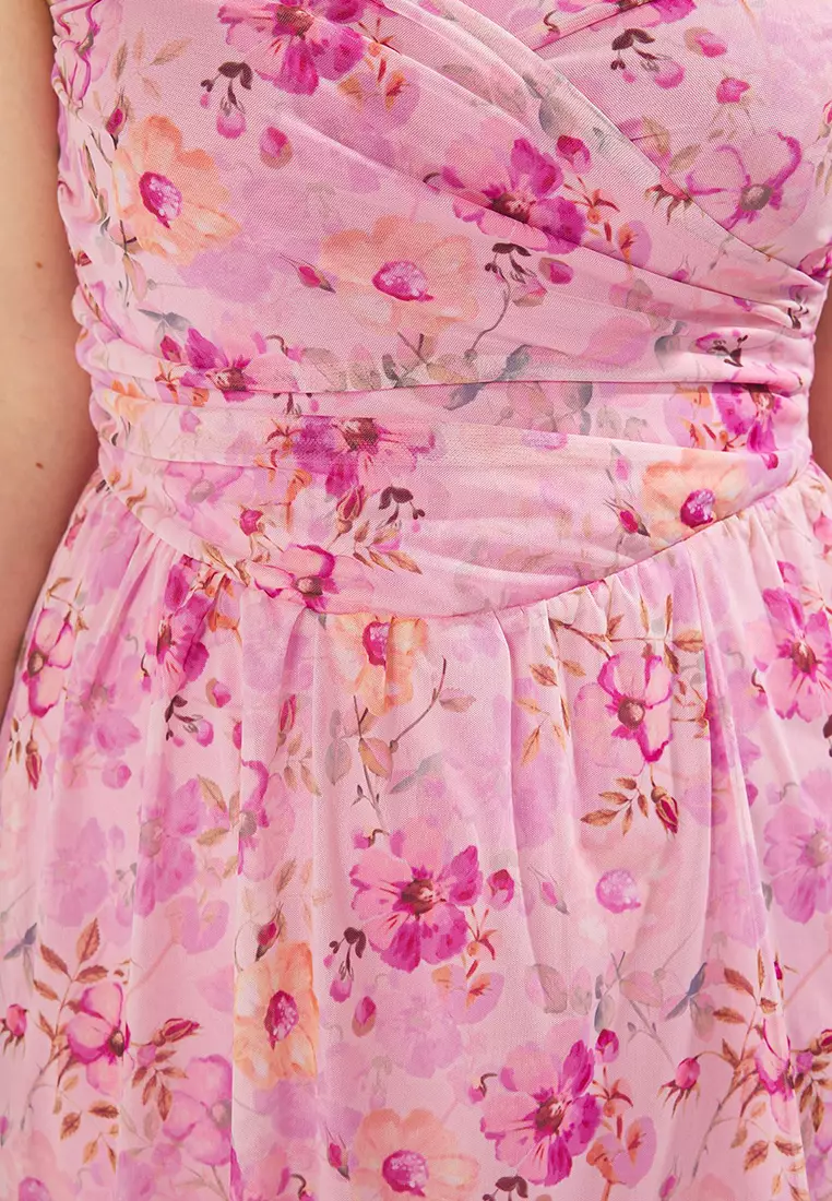 Pink Double Breasted Floral Patterned Tulle Skater Mini Knitted Plus Size Dress TBBSS25AH00193